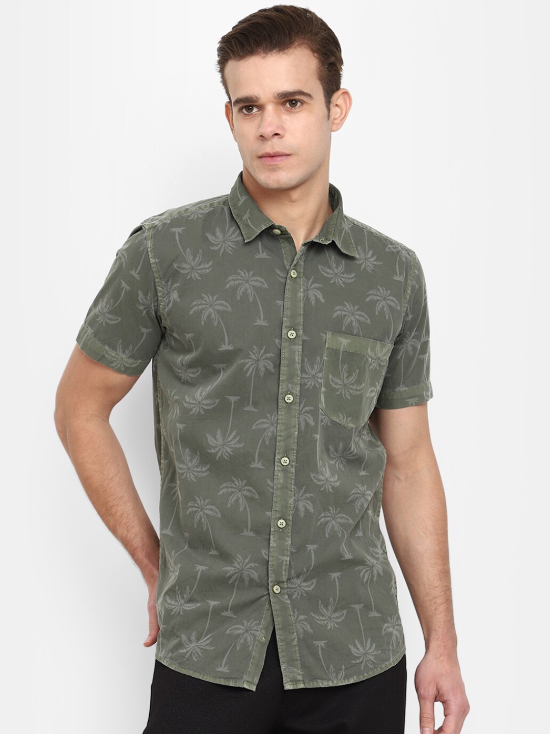 

V-Mart Tropical Printed Short Sleeves Cotton Casual Shirt, Olive