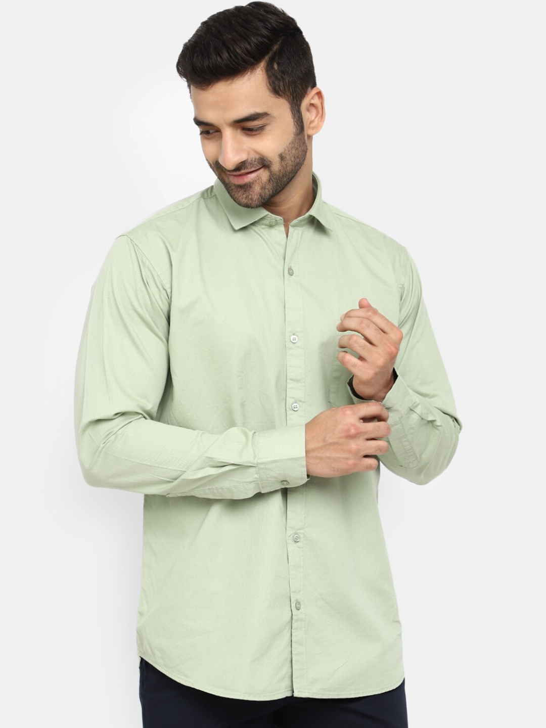 

V-Mart Spread Collar Long Sleeves Cotton Casual Shirt, Green