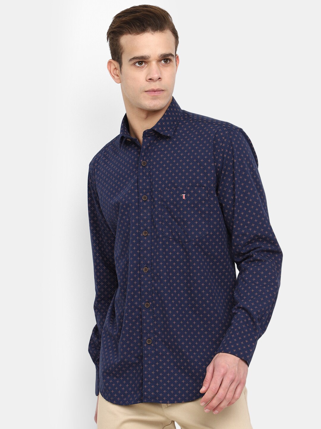 

V-Mart Micro Ditsy Printed Long Sleeves Cotton Casual Shirt, Navy blue