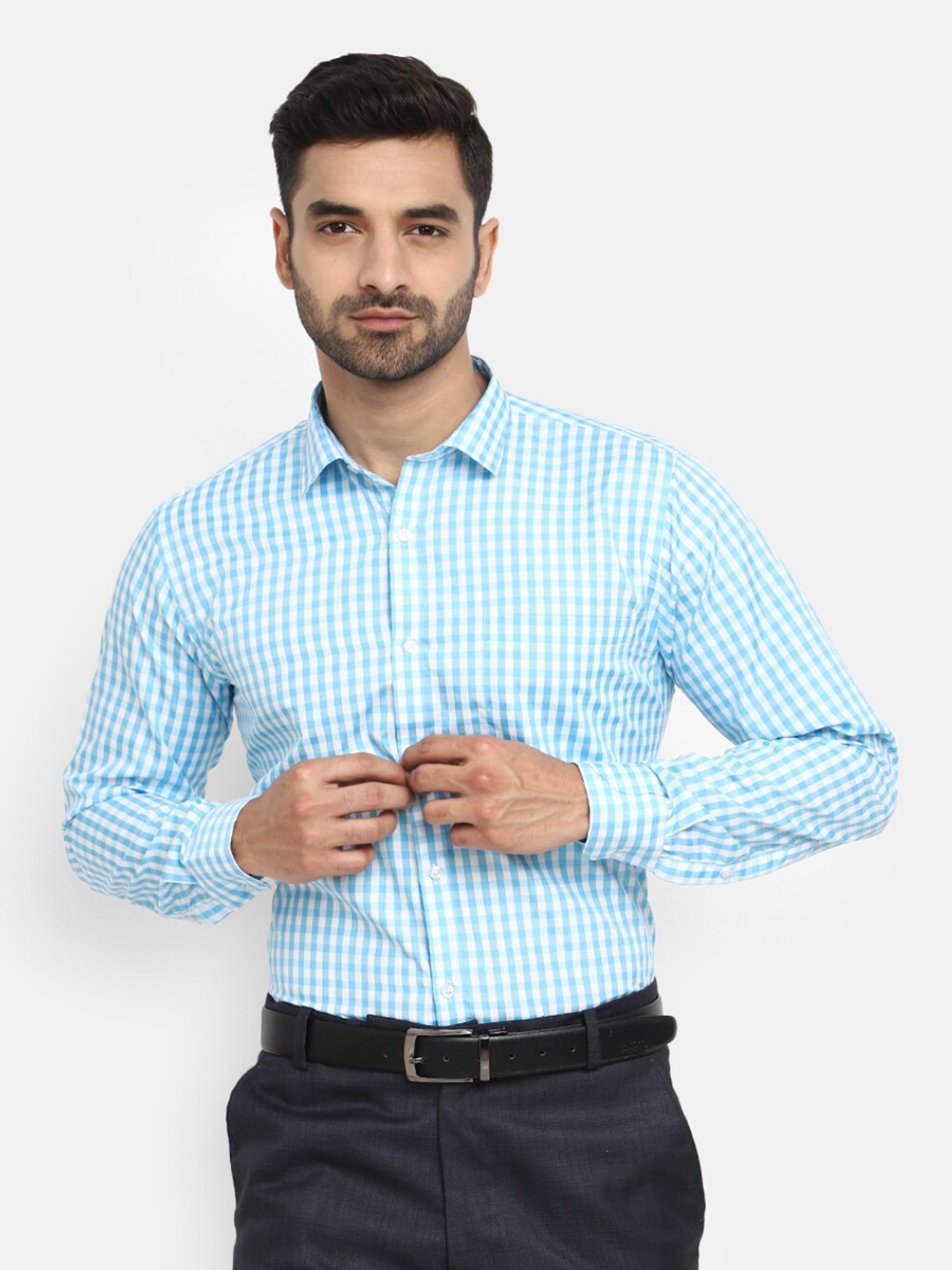 

V-Mart Classic Gingham Checked Spread Collar Formal Shirt, Blue