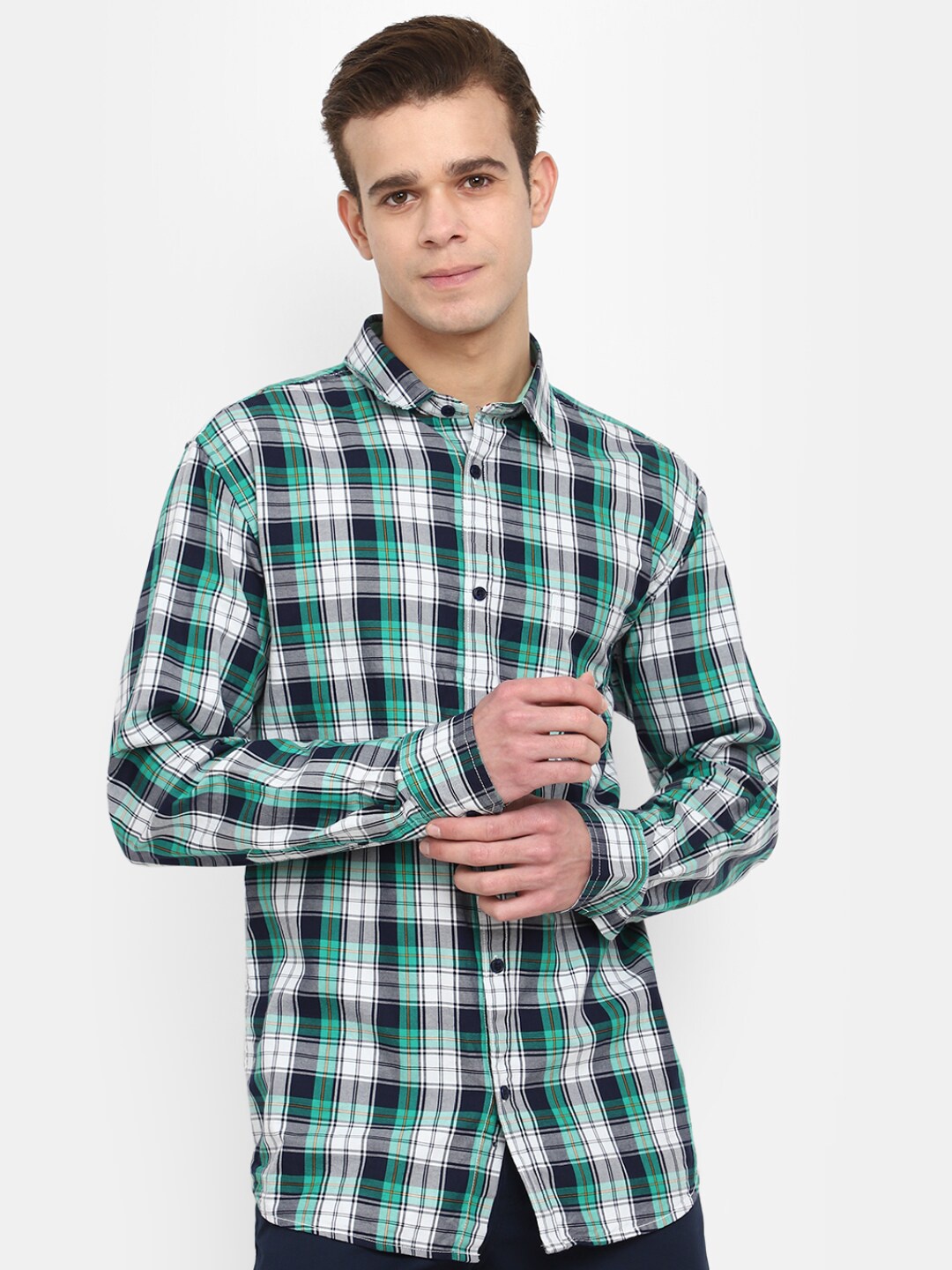 

V-Mart Classic Tartan Checked Spread Collar Cotton Casual Shirt, Navy blue