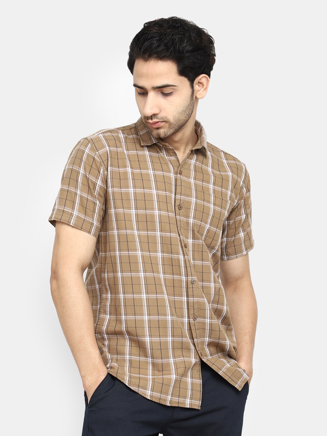 

V-Mart Classic Tartan Checked Spread Collar Cotton Casual Shirt, Khaki