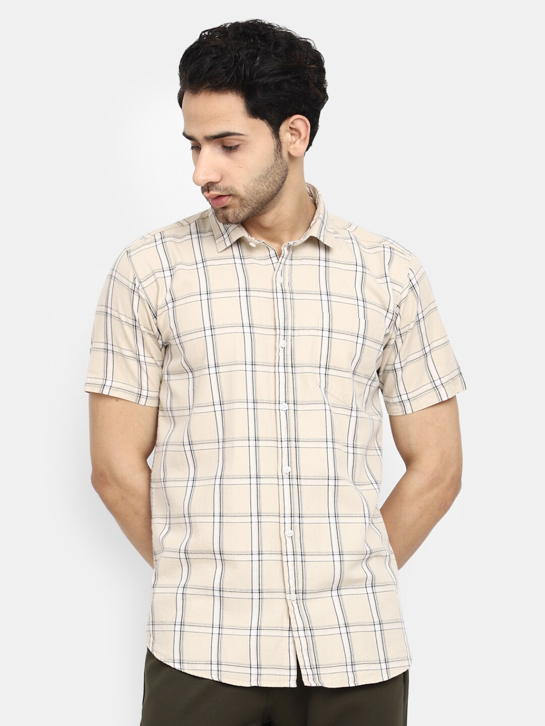 

V-Mart Classic Tartan Checked Spread Collar Cotton Casual Shirt, Beige