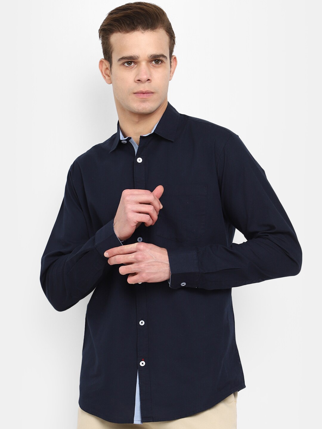 

V-Mart Men Spread Collar Long Sleeves Cotton Casual Shirt, Navy blue