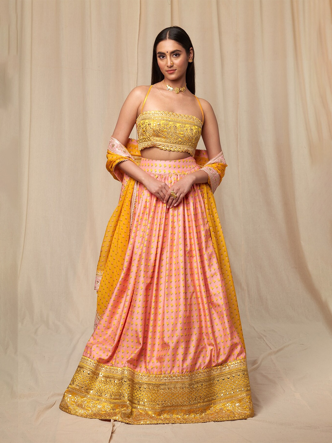 

Masaba Embroidered Thread Work Ready to Wear Lehenga & Blouse With Dupatta, Yellow