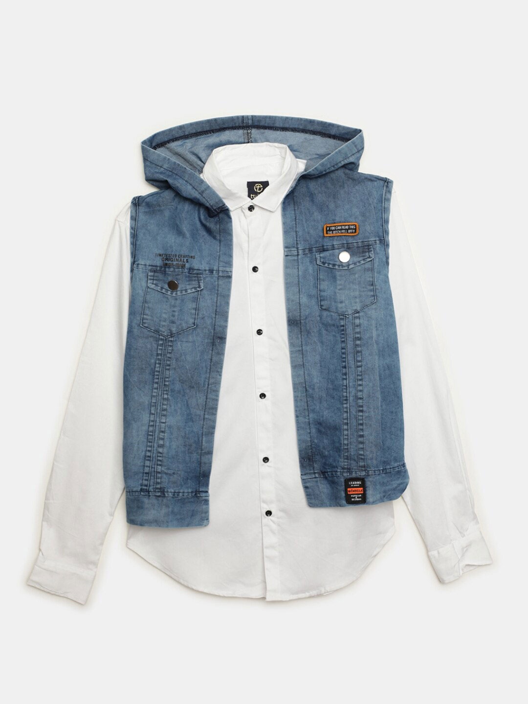 

V-Mart Boys Classic Cotton Casual Shirt with Denim Jacket, White