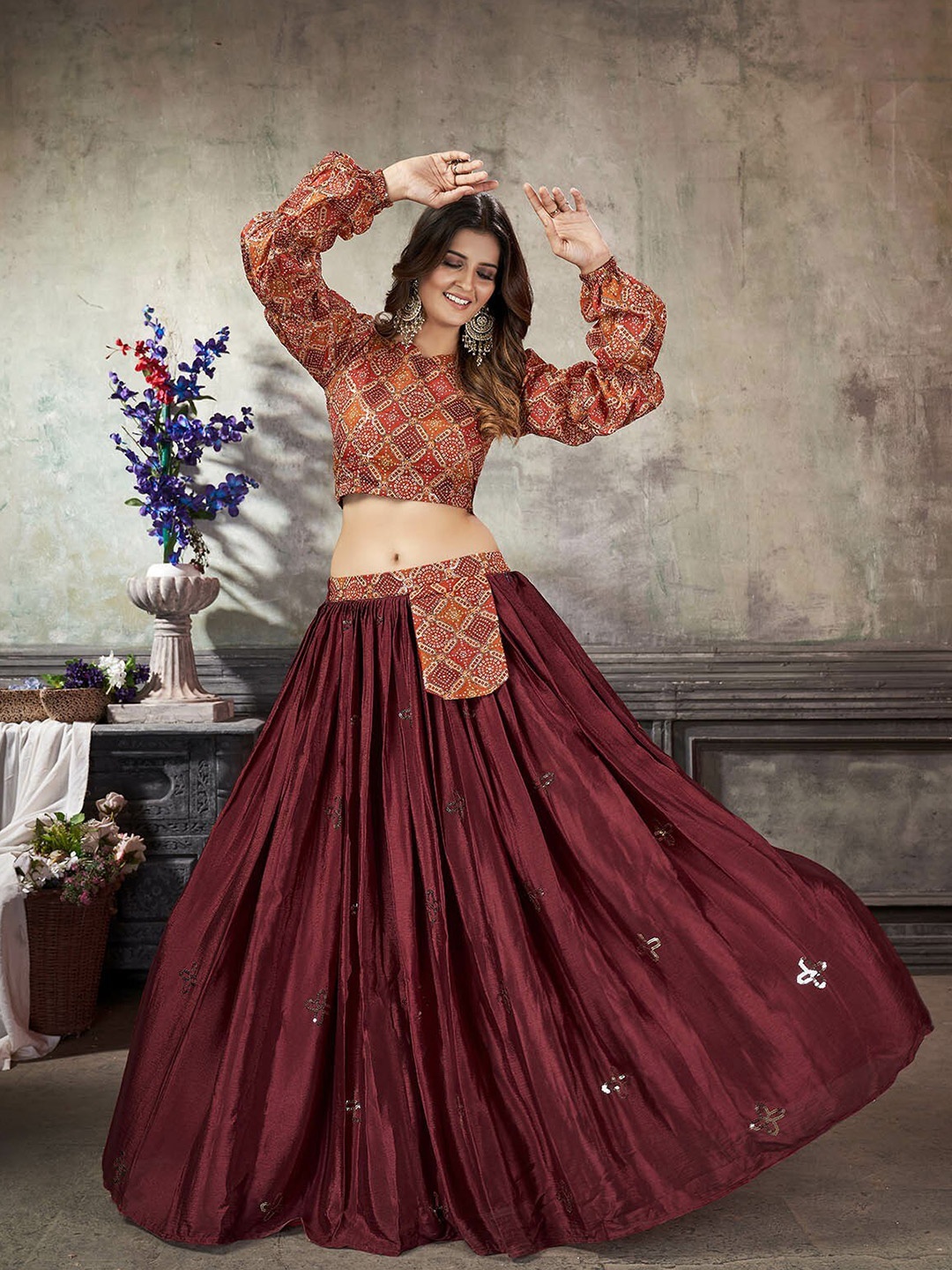 

ODETTE Embroidered Sequinned Ready to Wear Lehenga, Maroon