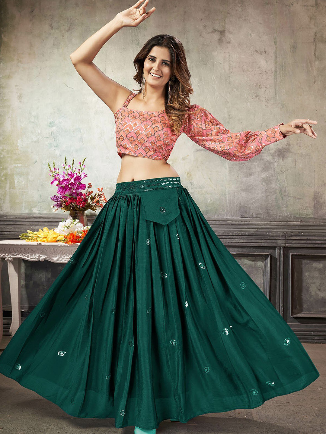 

ODETTE Embroidered Mirror Work Ready to Wear Lehenga, Green
