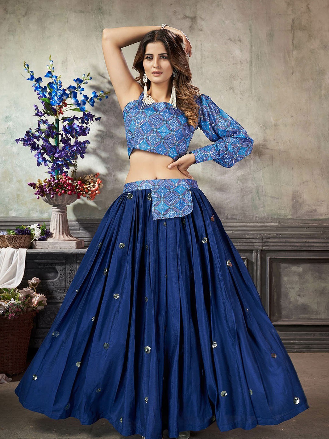 

ODETTE Embroidered Sequinned Ready to Wear Lehenga Choli, Blue