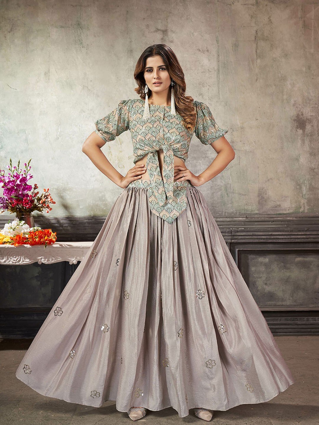 

ODETTE Printed Sequinned Puffed Sleeves Ready to Wear Lehenga Choli, Grey