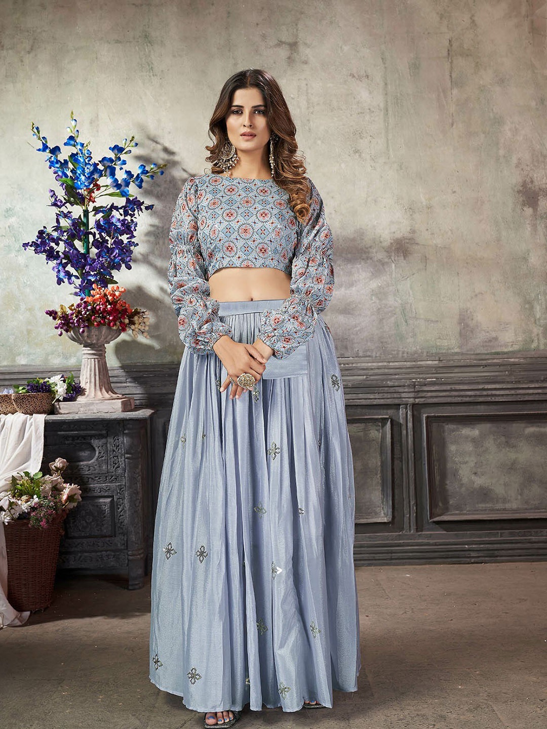 

ODETTE Embroidered Mirror Work Ready to Wear Lehenga Choli, Blue