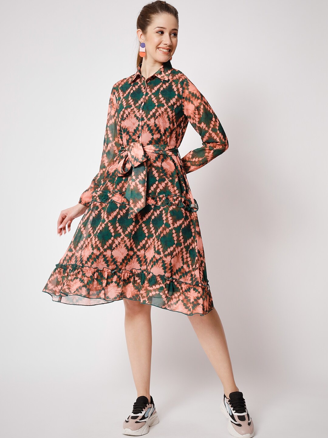 

CHARMGAL Abstract Print Shirt Style Dress, Green