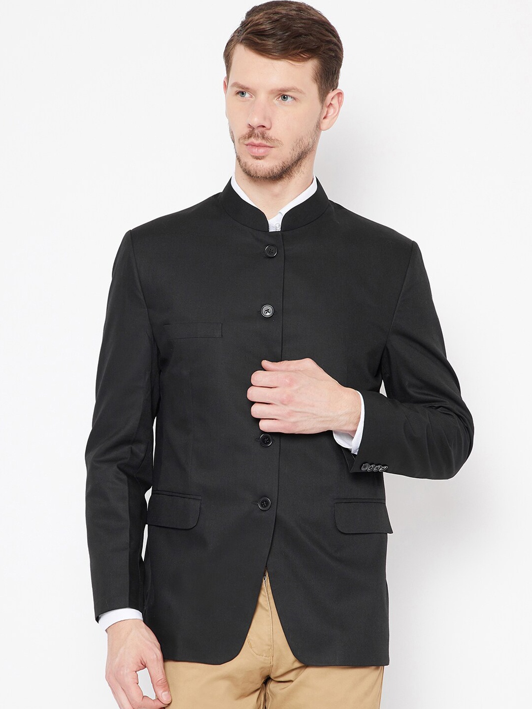 

Shaftesbury London Slim-Fit Single-Breasted Bandhgala Blazer, Black