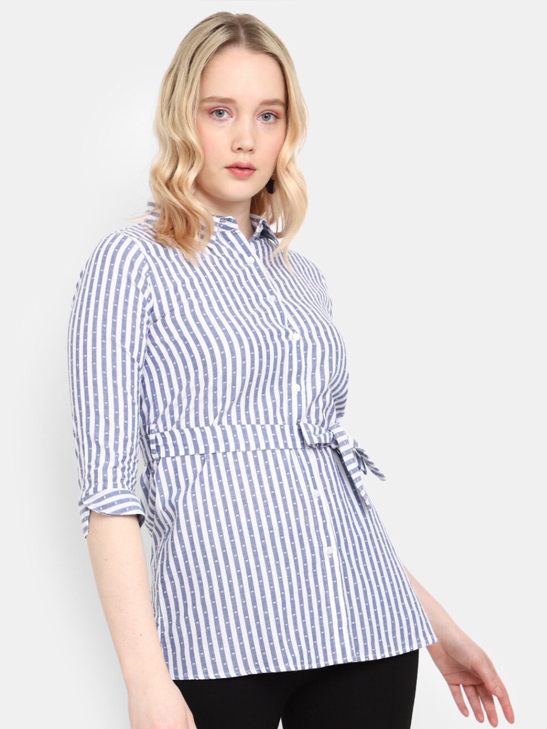

V-Mart Striped Classic Waist Tie-Ups Cotton Shirt Style Longline Top, Blue