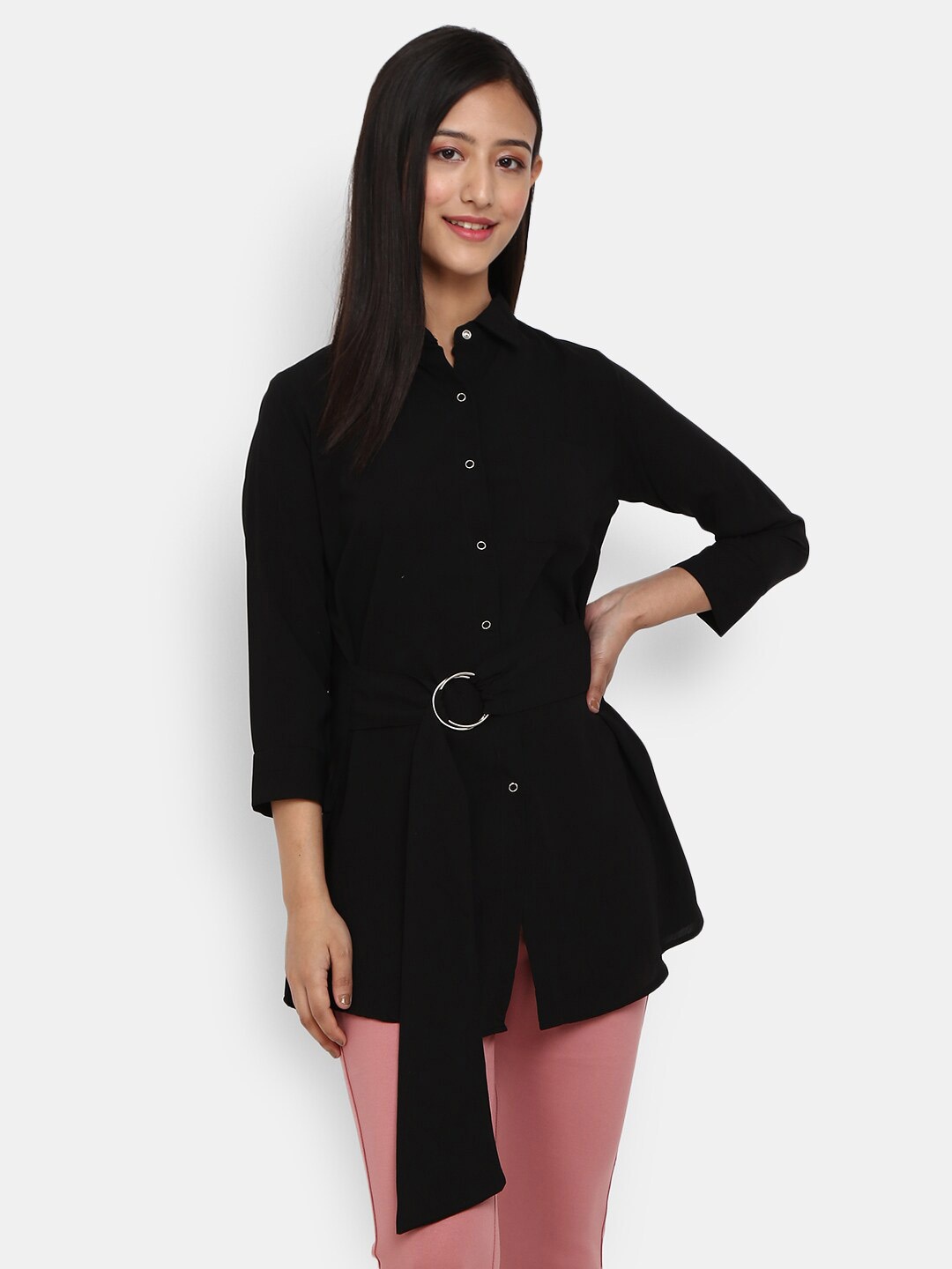 

V-Mart Classic Three-Quarter Sleeves Waist Belt Shirt Style Longline Top, Black
