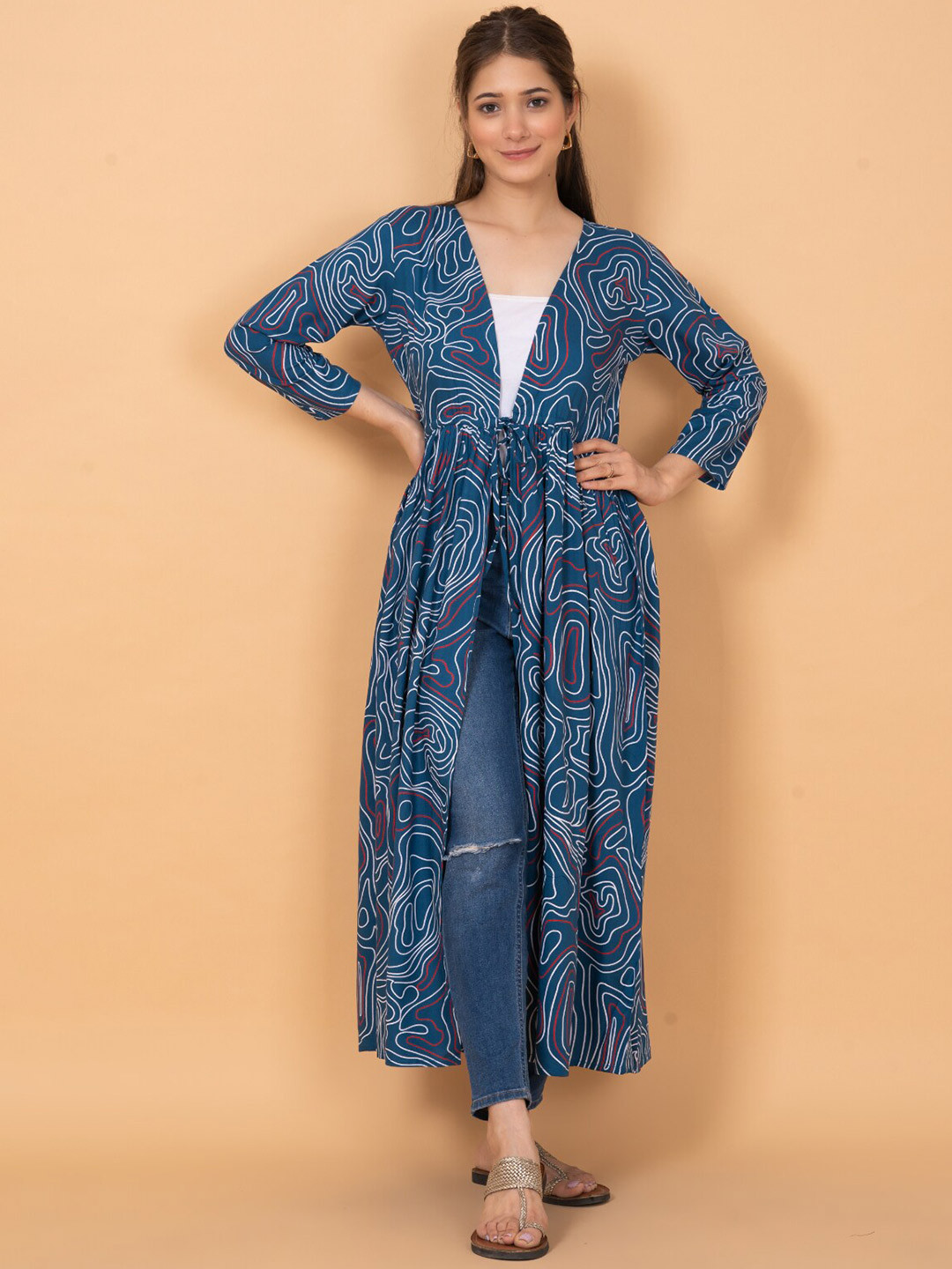 

DAEVISH Women Printed Longline Tie-Up Shrug, Blue