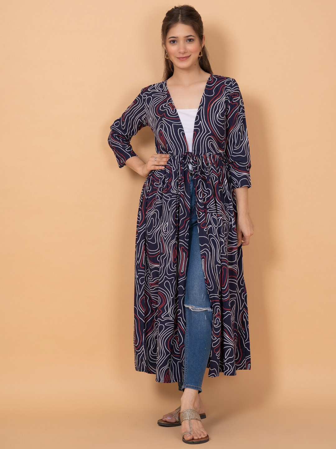 

DAEVISH Women Abstract Printed Longline Tie-Up Shrug, Blue