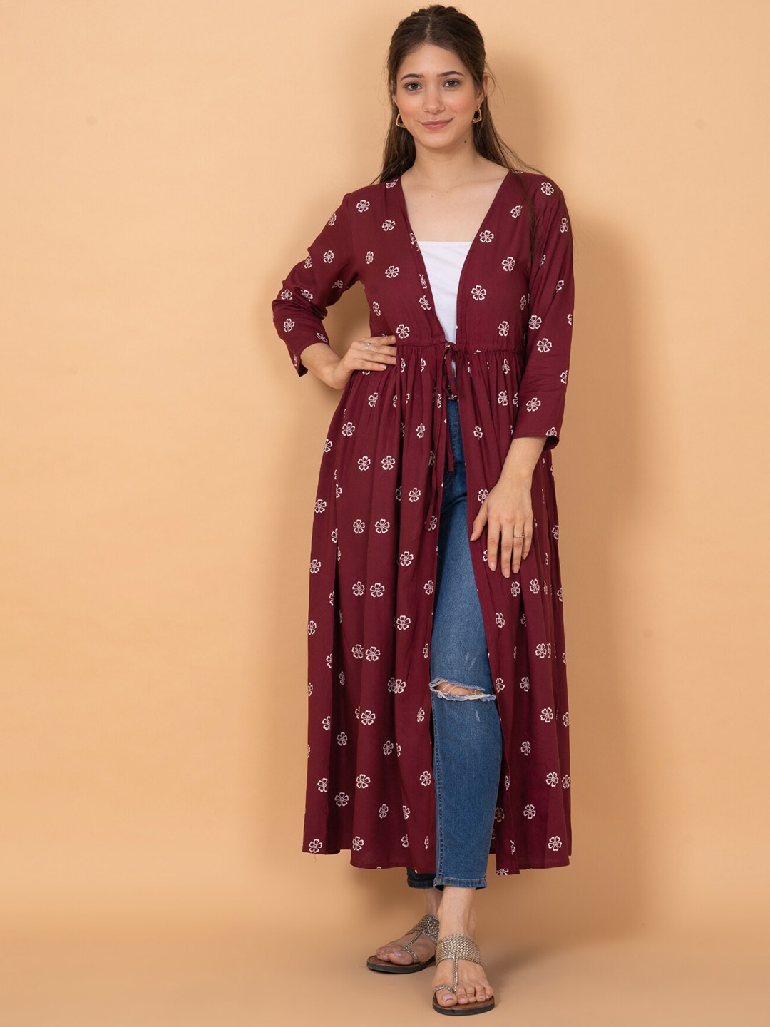 

DAEVISH Printed Longline Tie-Up Shrug, Maroon