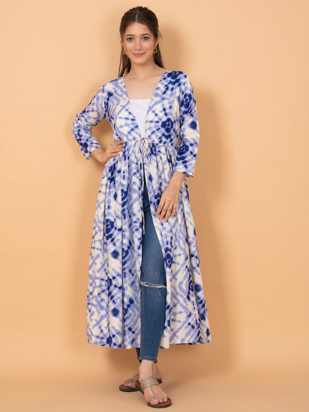 

DAEVISH Women Printed Longline Tie-Up Shrug, Blue