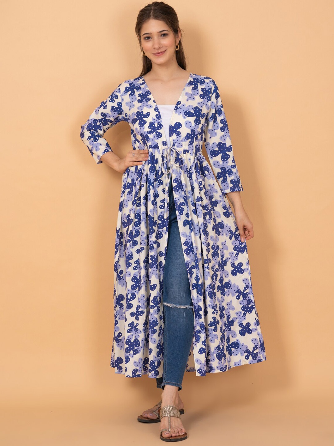 

DAEVISH Women Floral Printed Longline Tie-Up Shrug, Blue