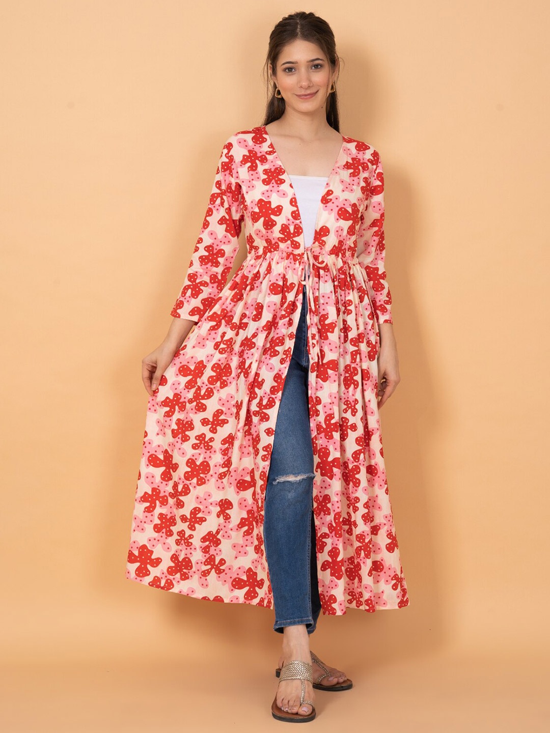 

DAEVISH Women Floral Printed Longline Tie-Up Shrug, Red