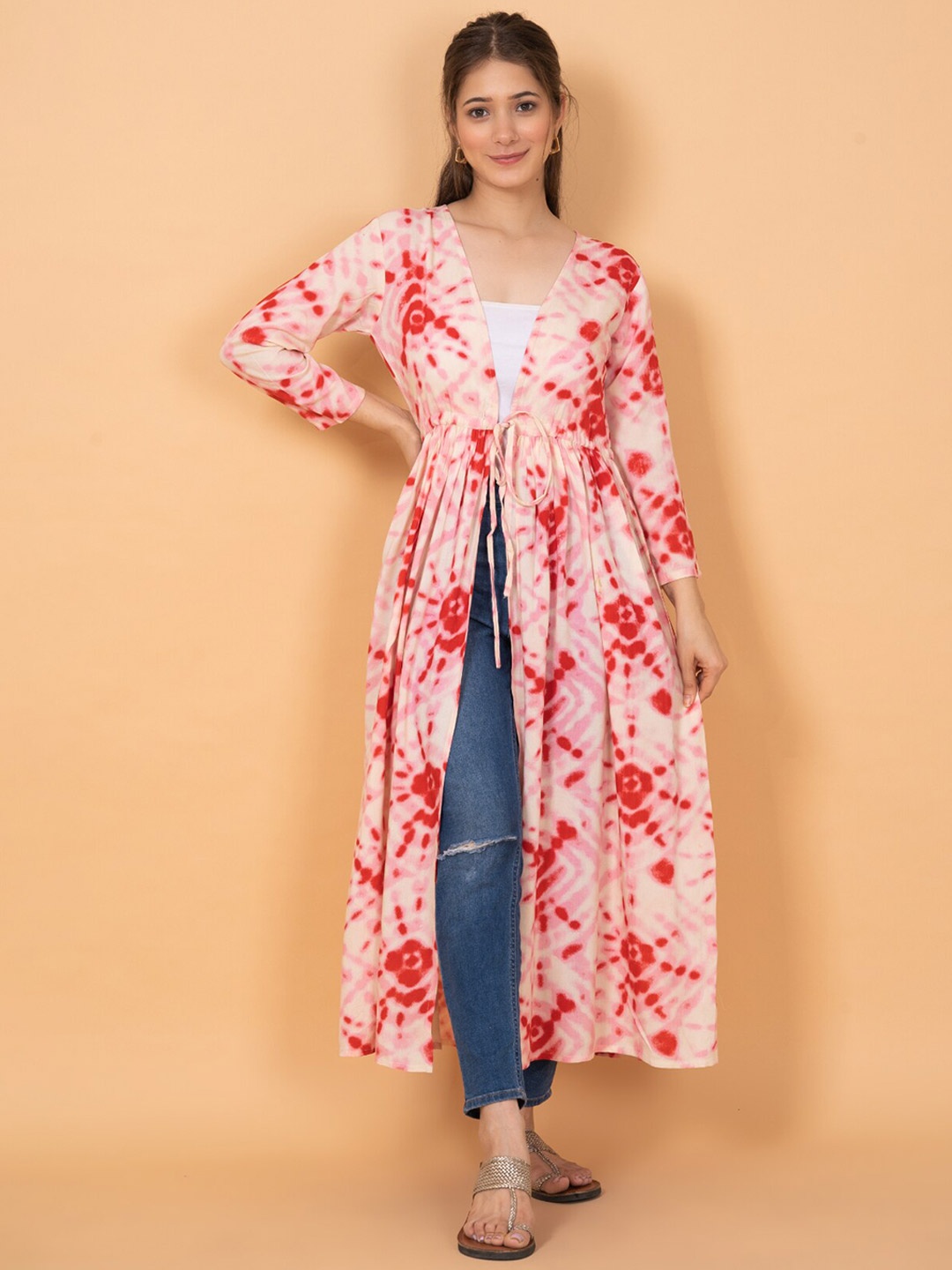 

DAEVISH Printed Longline Tie-Up Shrug, Red