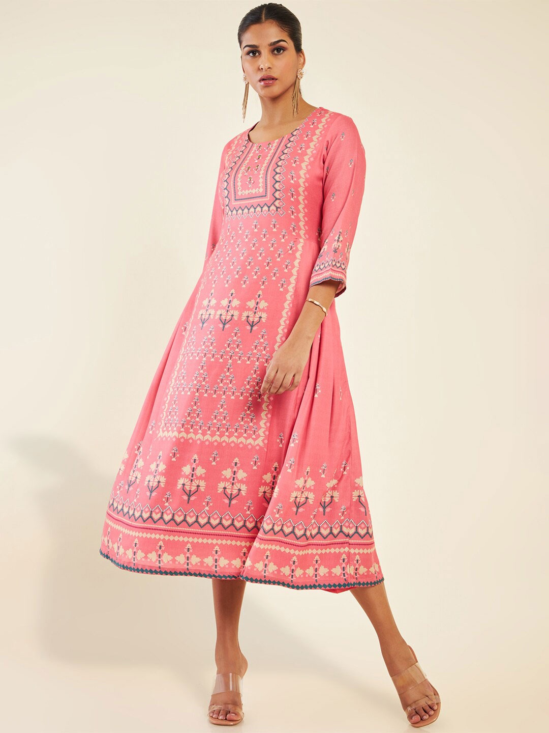 

Soch Coral Ethnic Motifs Print A-Line Midi Dress
