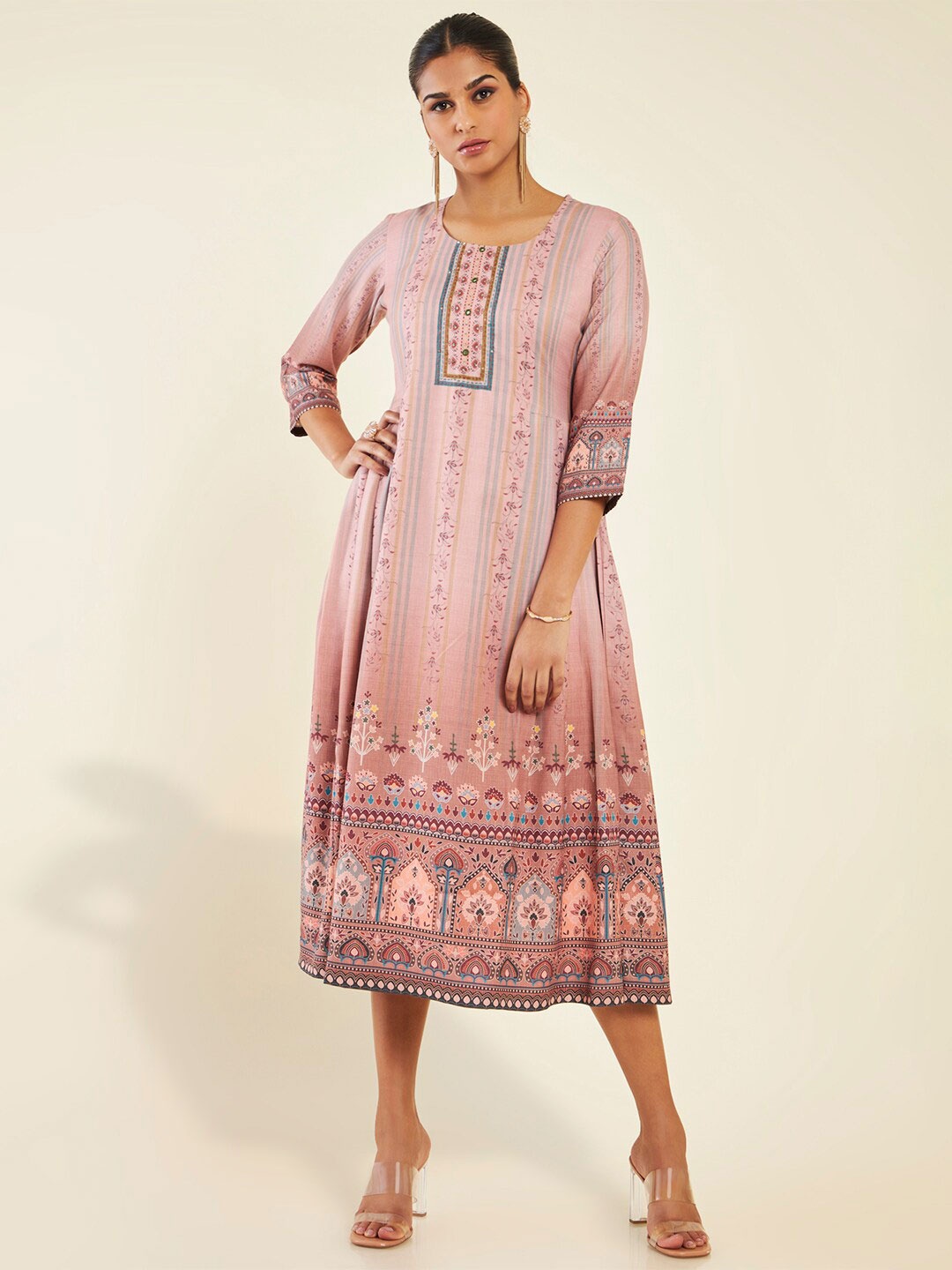 

Soch Ethnic Motifs Printed Embroidered Detailed Modal A-Line Midi Ethnic Dress, Purple