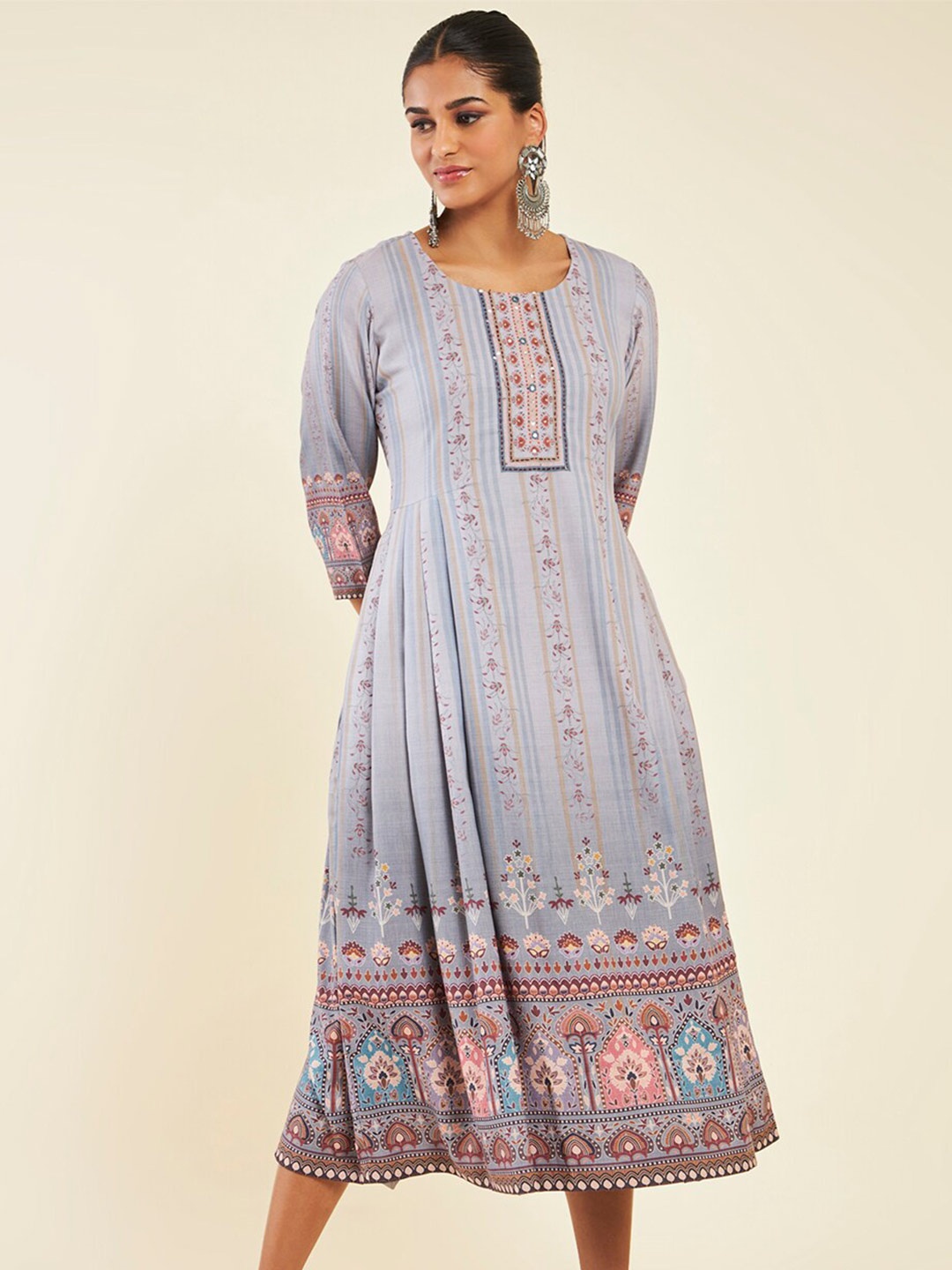 

Soch Ethnic Motifs Printed Fit & Flare Midi Dress, Grey