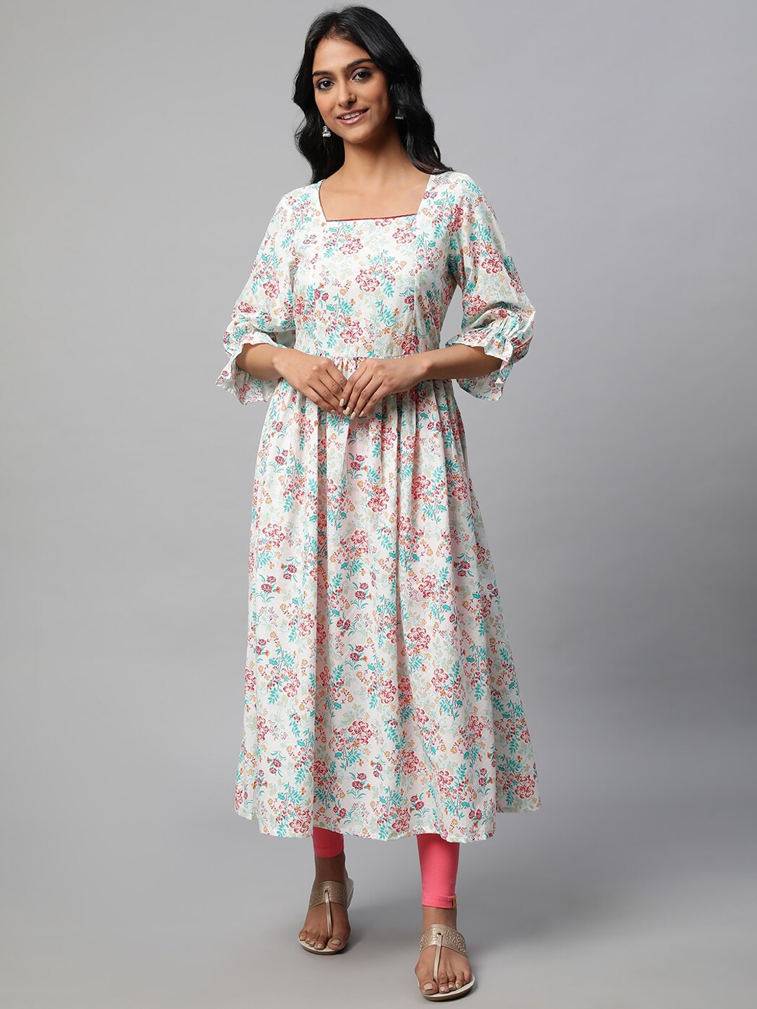 

AURELIA Floral Printed Pure Cotton A Line Kurta, Off white