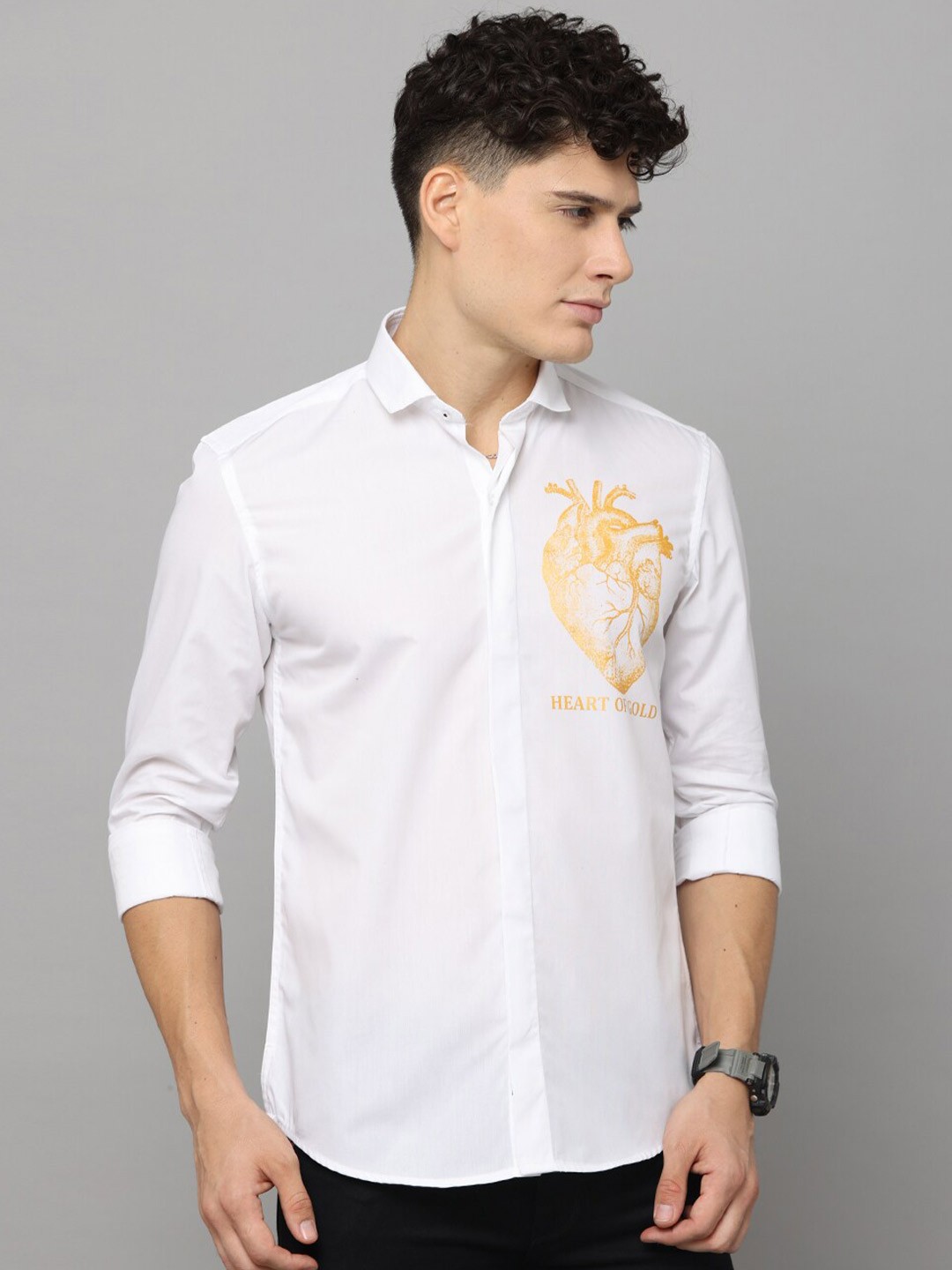 

FOGA Spread Collar Graphic Printed Cotton Casual Shirt, White