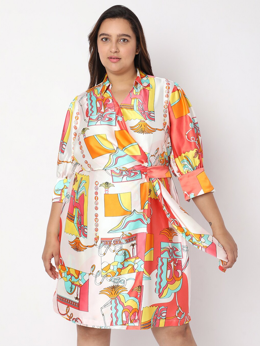 

VERO MODA CURVE Shirt Collar Graphic Printed Wrap Dress, Orange