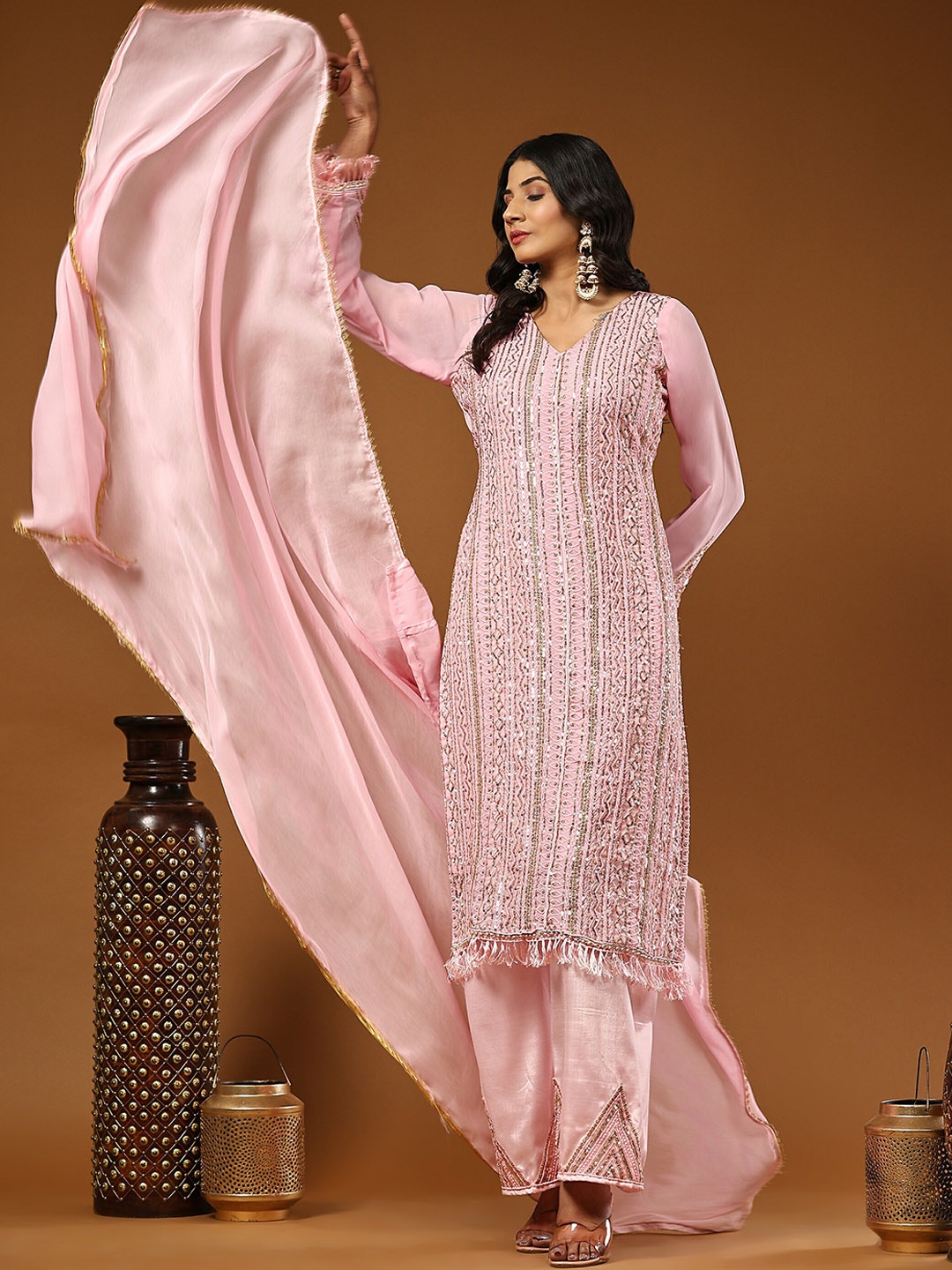 

ODETTE Ethnic Motifs Embroidered Sequinned Semi Stitched Kurta With Palazzos Dupatta, Pink