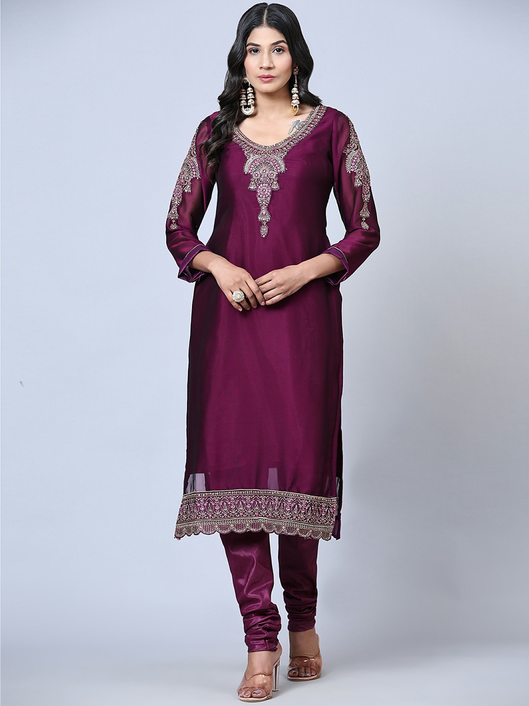

ODETTE Ethnic Motifs Embroidered Patchwork Semi Stitched Kurta With Trousers & Dupatta, Purple