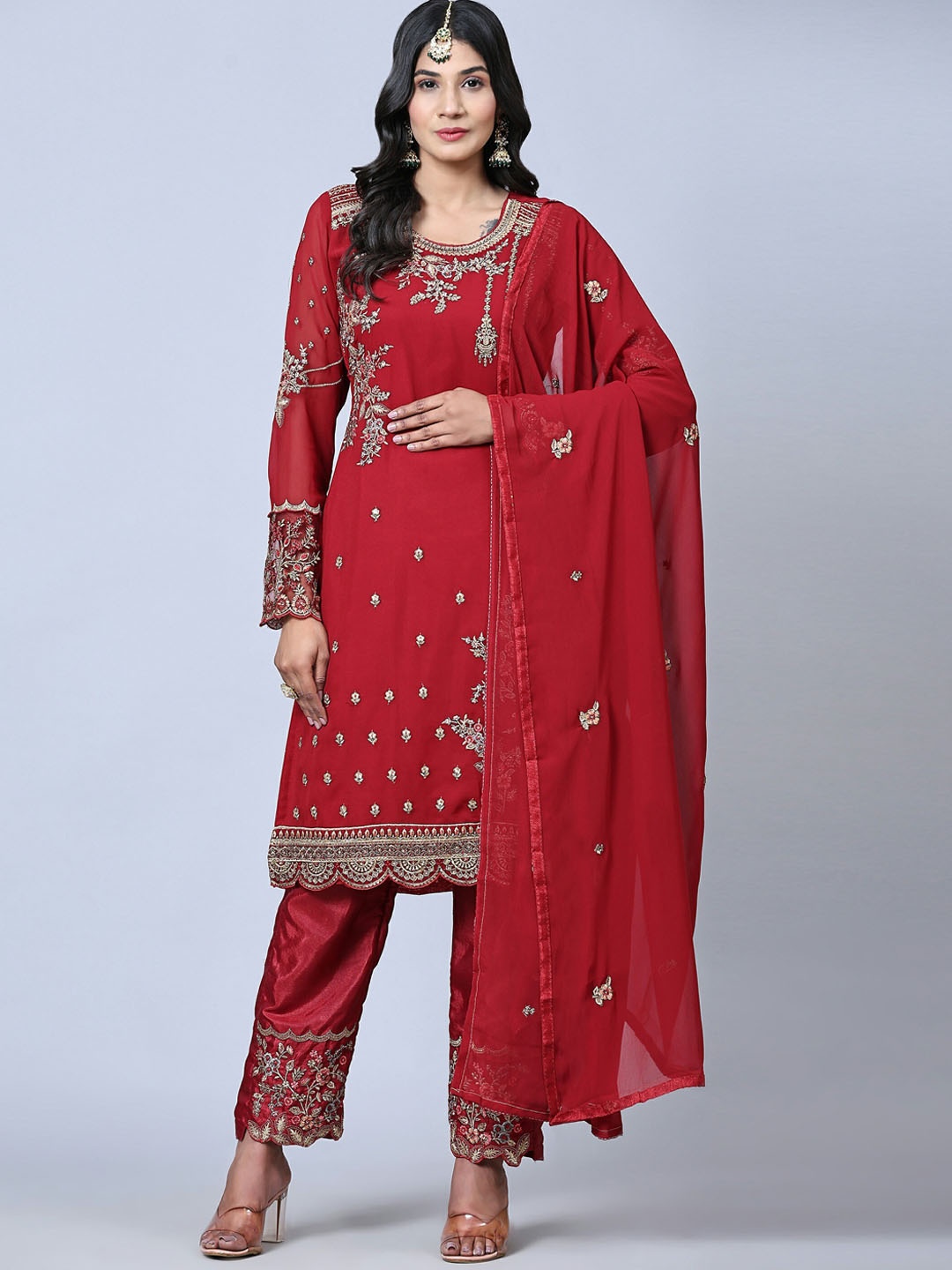 

ODETTE Zardozi Embroidered Semi Stitched Kurta With Trousers Dupatta, Maroon