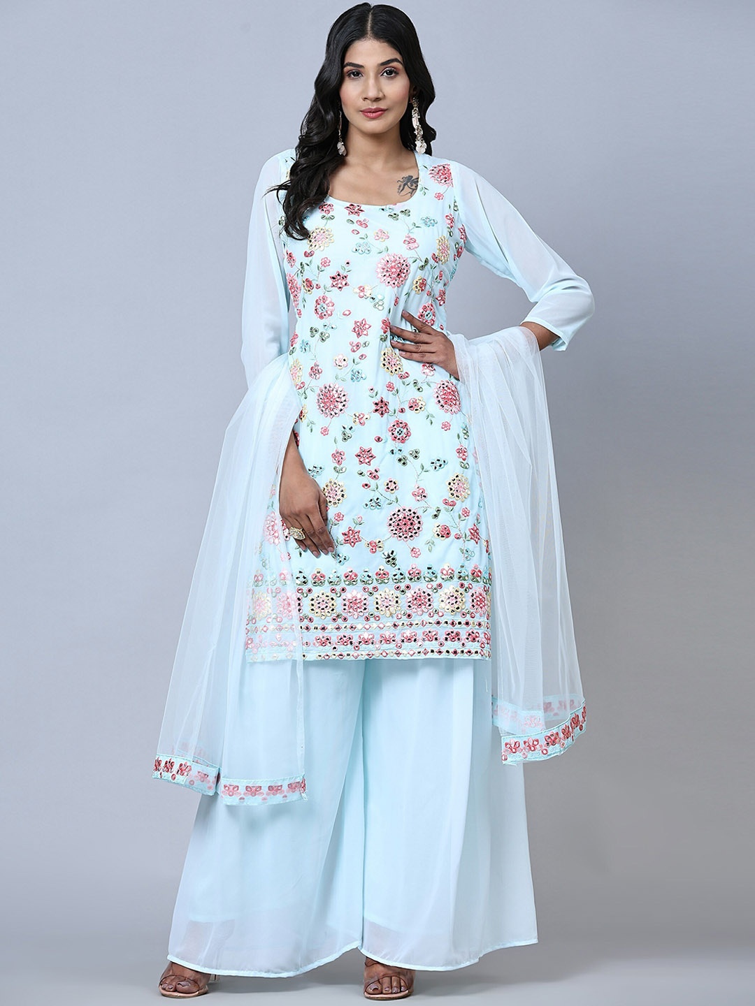 

ODETTE Ethnic Motifs Embroidered Mirror Work Kurta With Palazzos & Dupatta, Blue