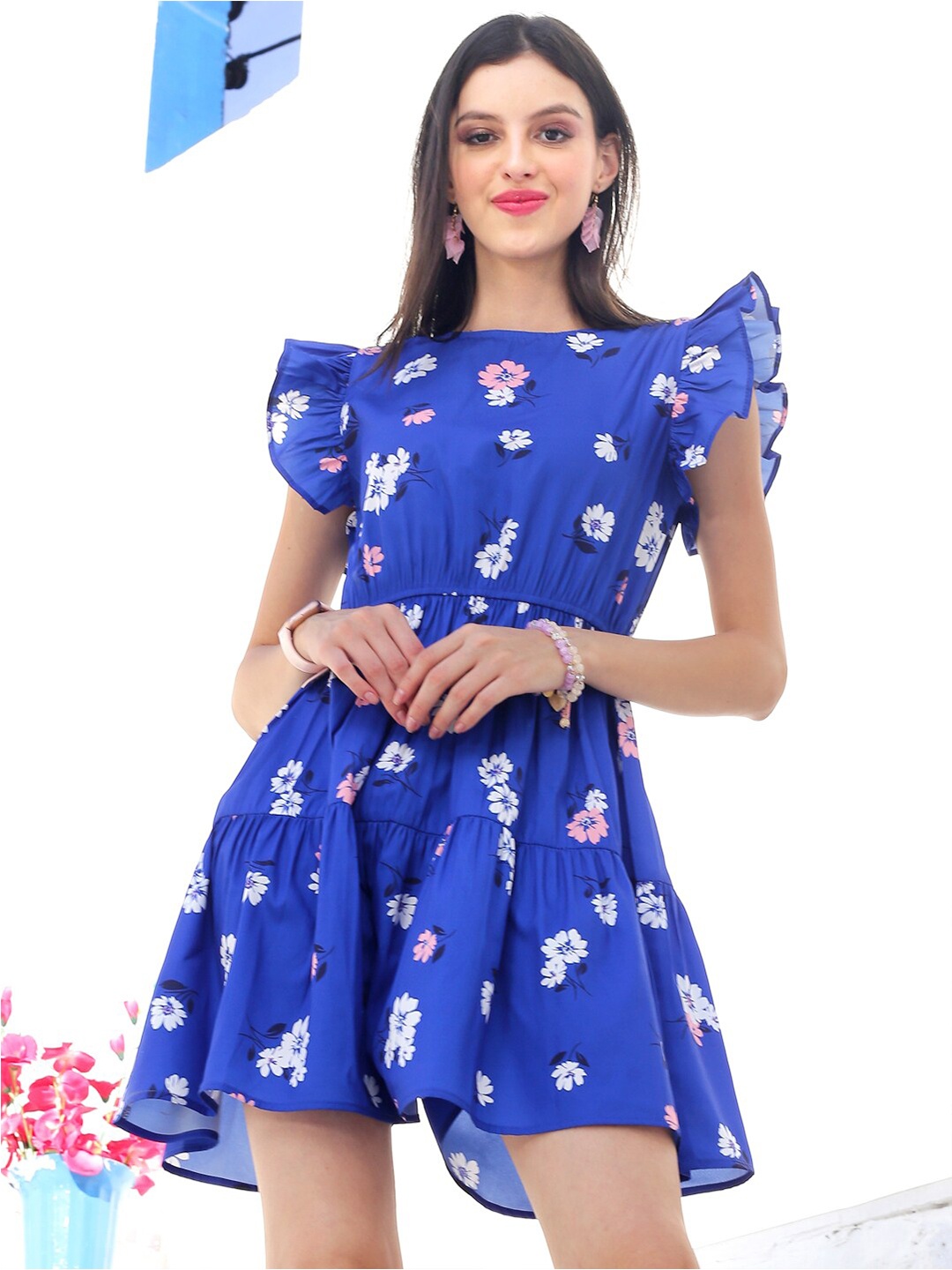 

Sera Floral Printed Flutter Sleeve Tiered Fit & Flare Mini Dress, Blue