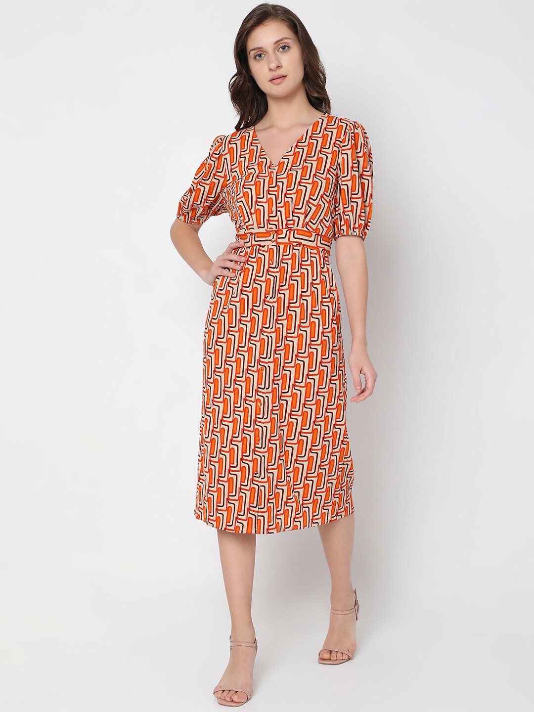 

Vero Moda V-Neck Geometric Printed A-Line Dress, Orange