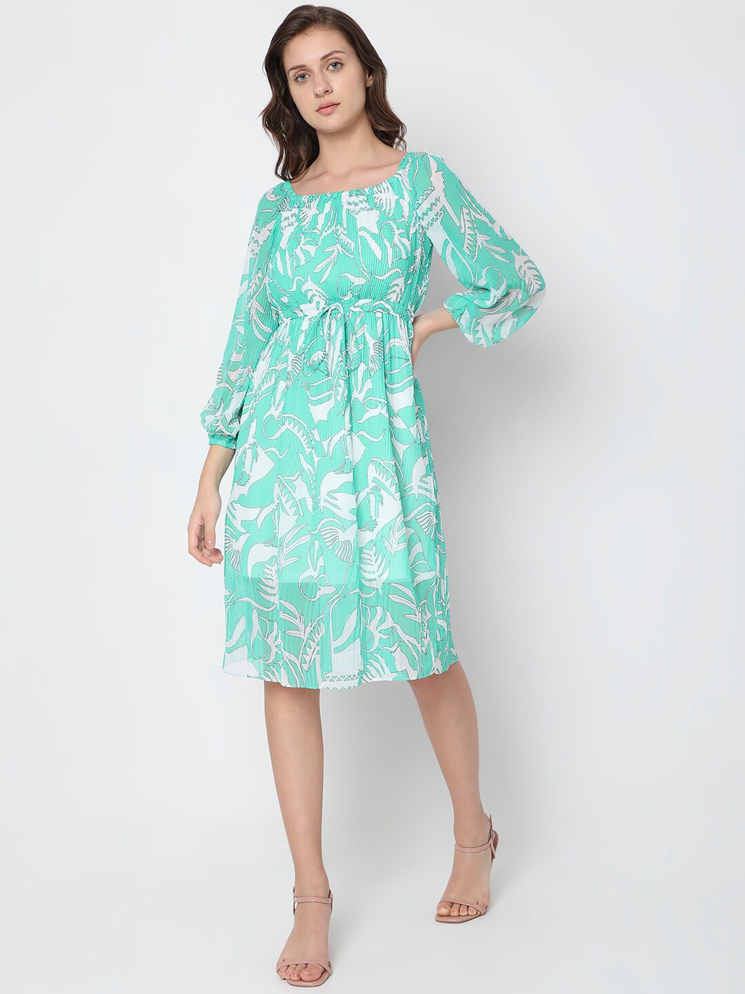 

Vero Moda Square Neck Tropical Printed Tie Up Accordion Pleats A-Line Dress, Sea green