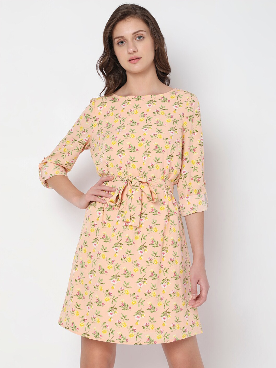 

Vero Moda Boat Neck Floral Printed A-Line Dress With Belt, Cream