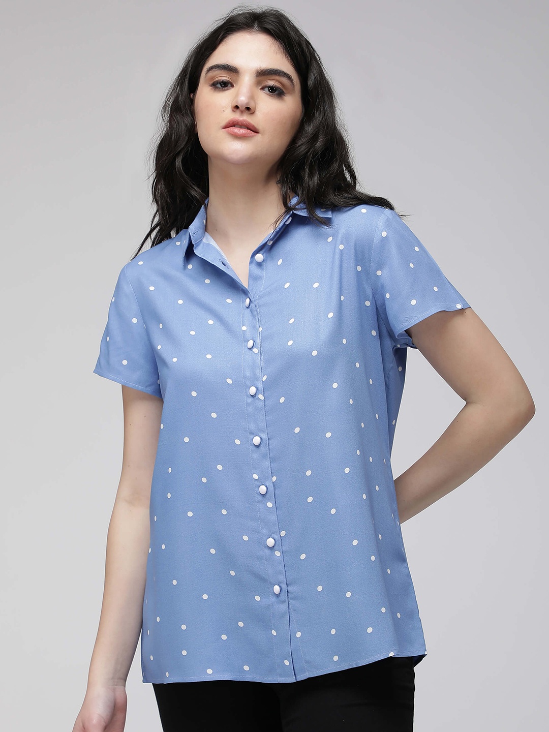 

IDK Polka Dots Printed Spread Collar Shirt, Blue