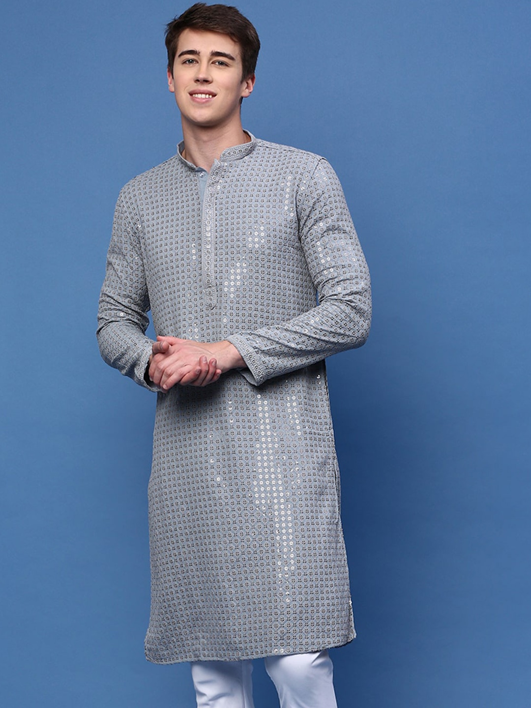 

Sanwara Mandarin Collar Pastels Kurta, Grey