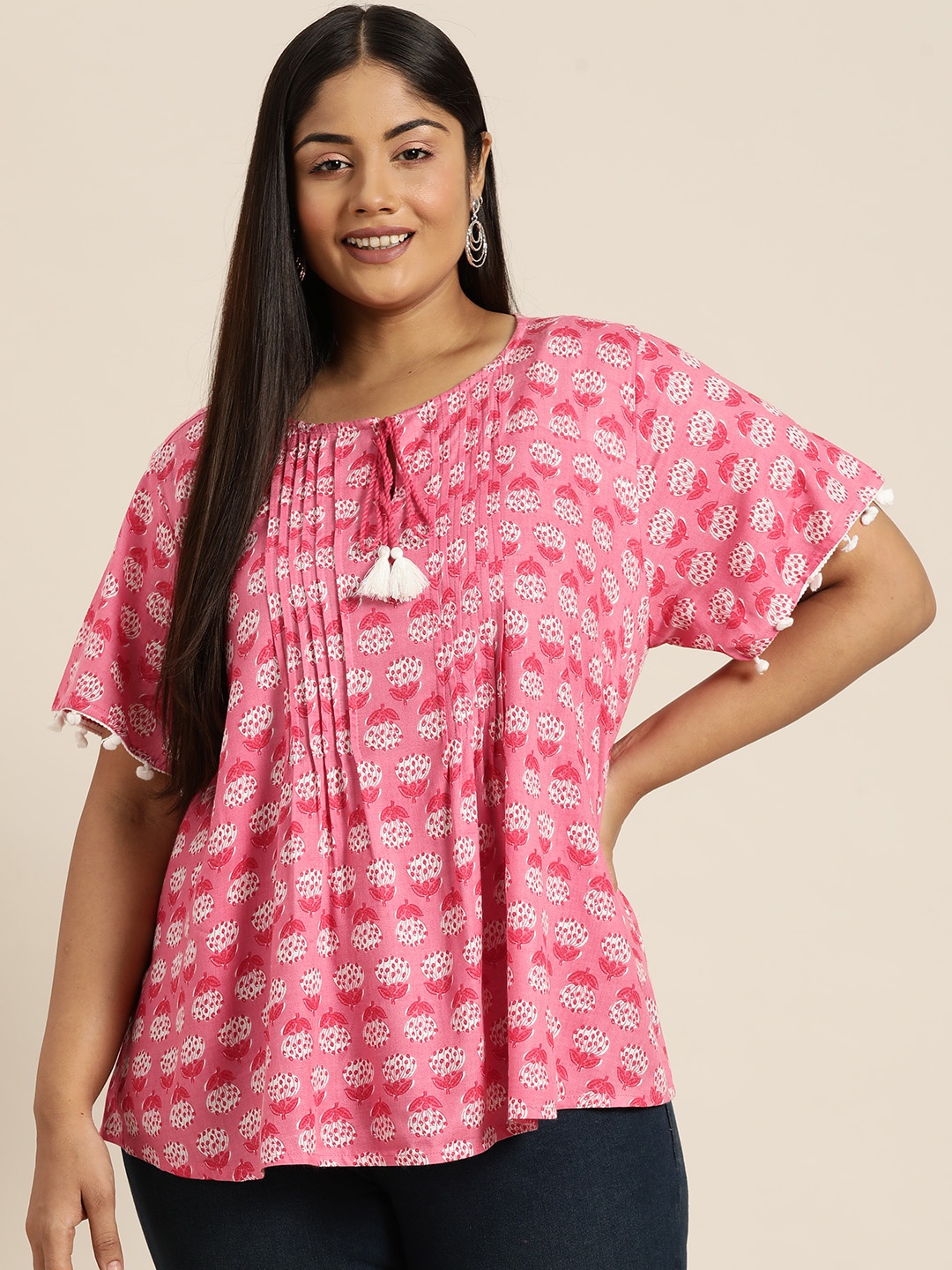 

Sztori Plus Size Ethnic Motifs Printed Pleated A-Line Kurti, Pink