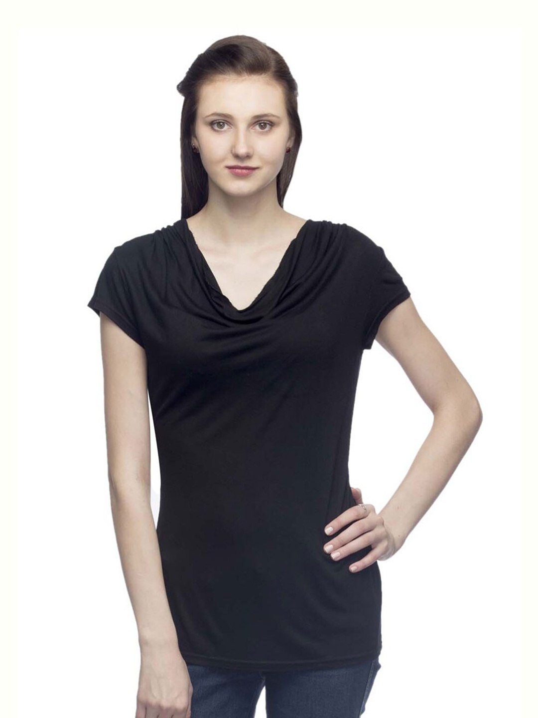 

urSense Cowl Neck Drop Shoulder Sleeves T-shirt, Black