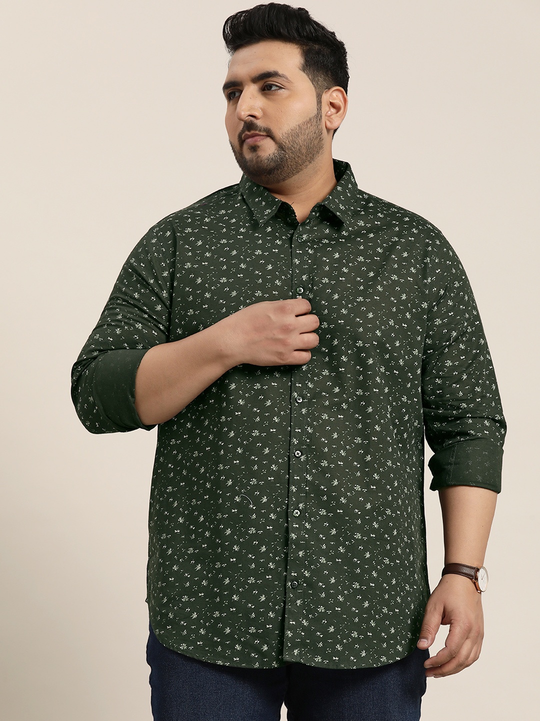 

Sztori Men Plus Size Floral Opaque Printed Casual Shirt, Green