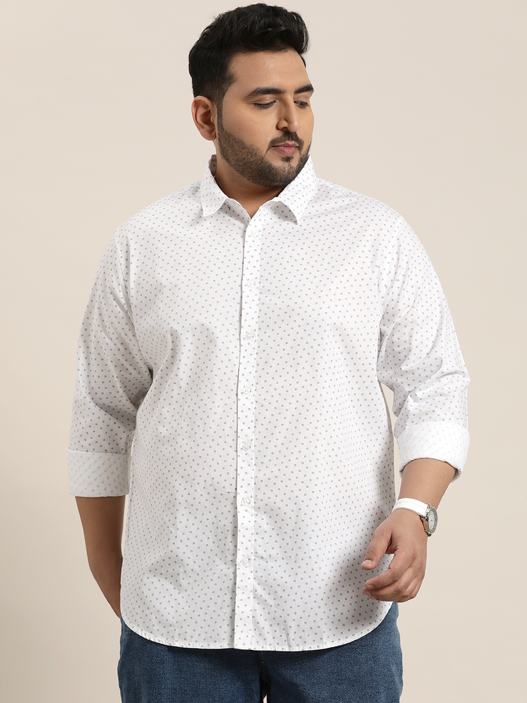 

Sztori Men Plus Size Floral Opaque Printed Casual Shirt, White