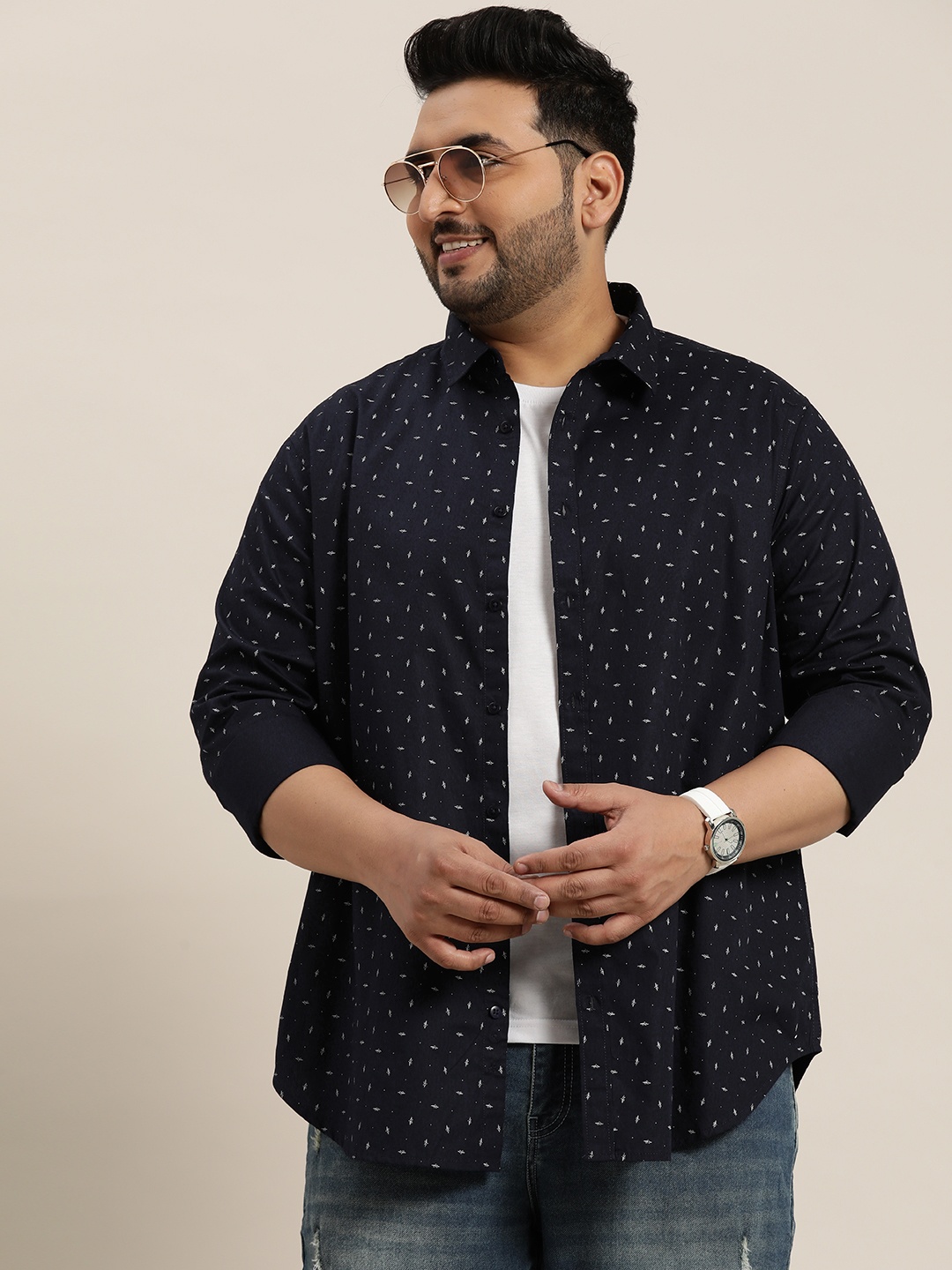 

Sztori Men Plus Size Printed Pure Cotton Casual Shirt, Navy blue