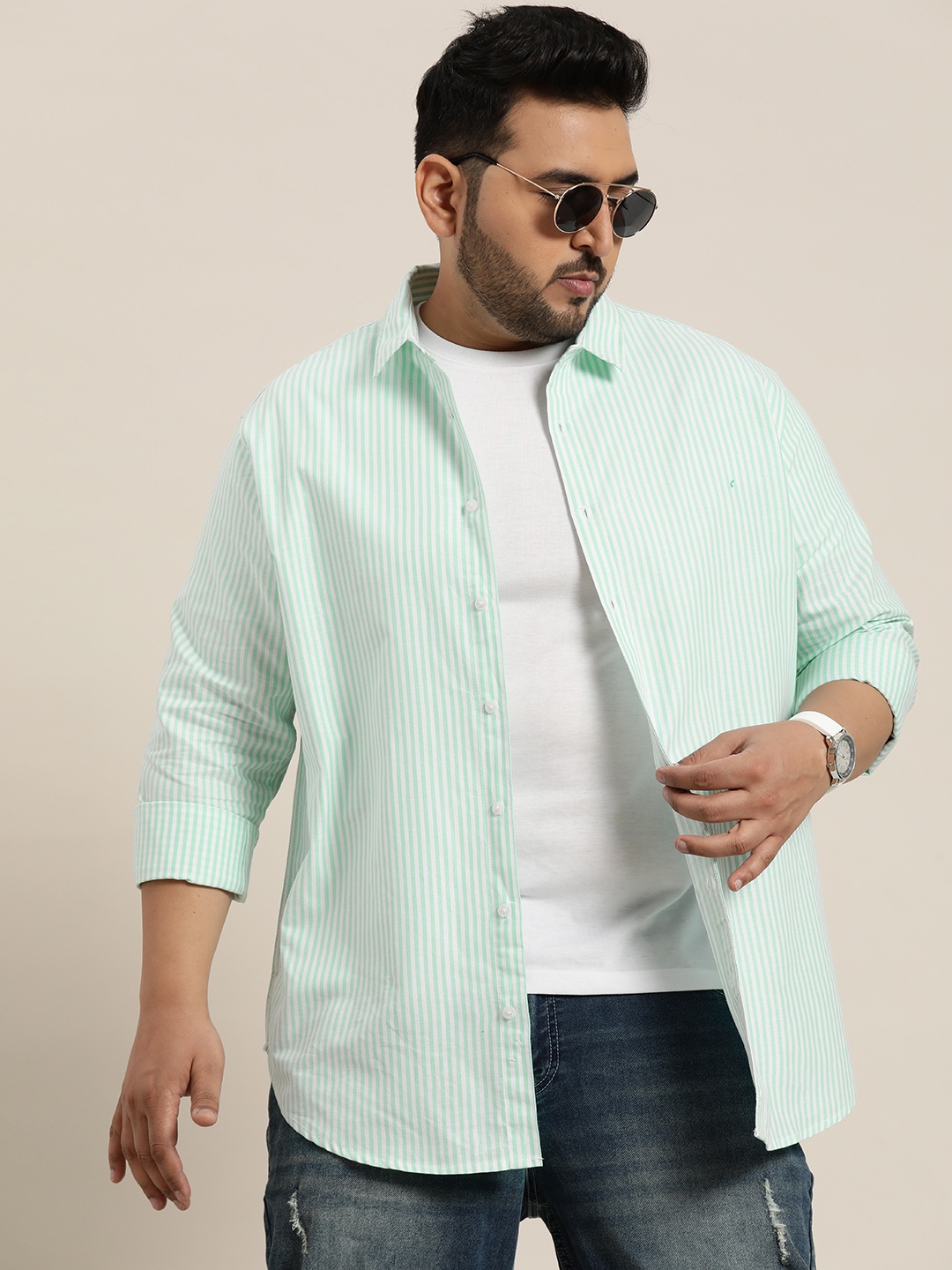 

Sztori Men Plus Size Striped Pure Cotton Casual Shirt, Green