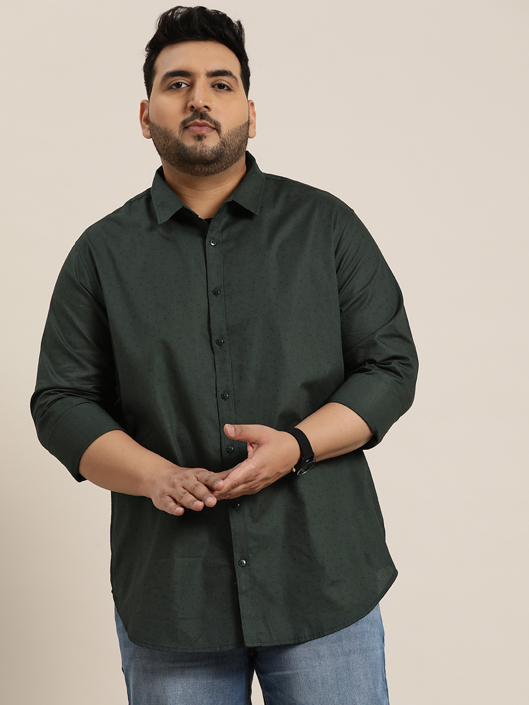 

Sztori Plus Size Printed Pure Cotton Casual Shirt, Green