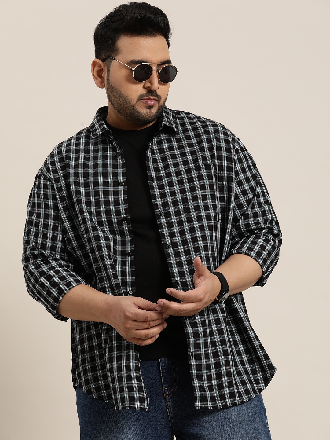 

Sztori Men Plus Size Checked Pure Cotton Casual Shirt, Black